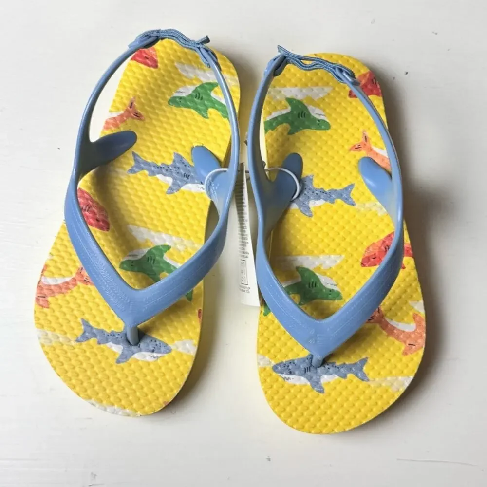 Kids Flip Flops with Shark Print - Blue and Yellow